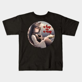 Cute Wolf Girl Drinking Tea with Great Waves on Background Kids T-Shirt